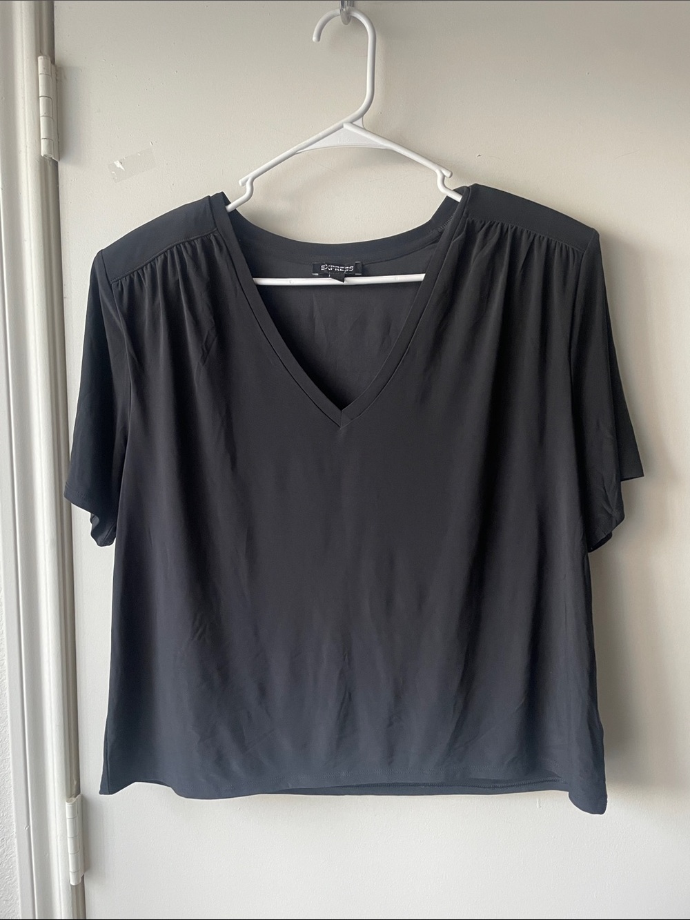 Express Black V-Neck Short Sleeve Blouse with shoulder pads